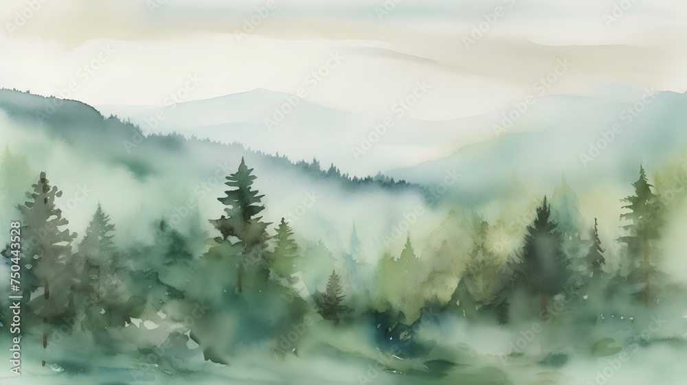 Watercolor landscape with coniferous forest. Hand drawn illustration.