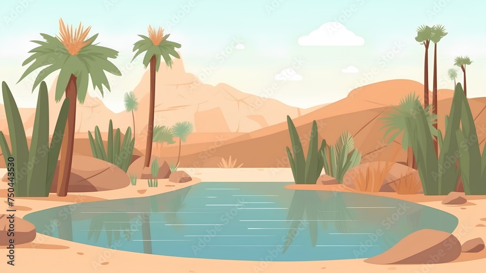 Desert landscape with palm trees and pond, vector cartoon illustration.