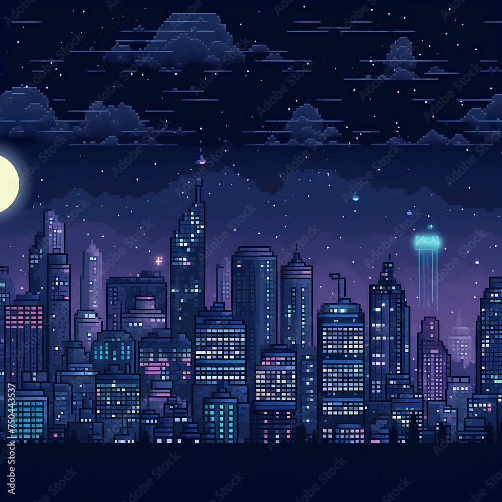 Night cityscape with skyscrapers and stars. Vector illustration.