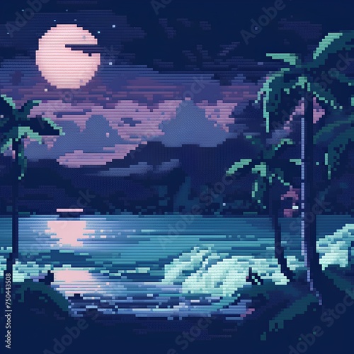 Pixelated palm trees and sea in the night. Vector illustration.