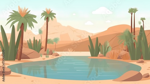 Desert landscape with palm trees and pond, vector cartoon illustration.
