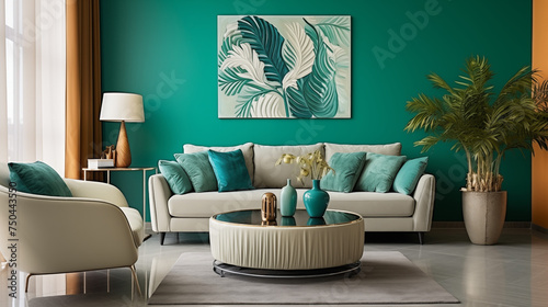 Ramka na obraz lub zdjęcie na ścianie - mockup. Wystrój szmaragdowego wnętrza salonu - dekoracja  © yeseyes9
