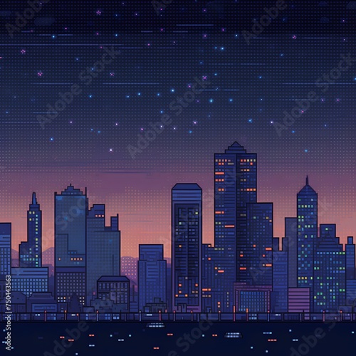 Night city skyline with skyscrapers. Vector illustration in flat style