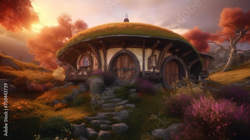 3d render of a fantasy house in the meadow with flowers photo