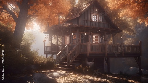 wooden cottage in the autumn forest. 3d render illustration.