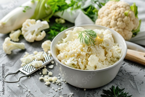 Raw cauliflower rice or couscous in a white bowl with grater, healthy low carbohydrates vegetable side dish for keto diet and healthy low calories nutrition, grey concrete rustic background 