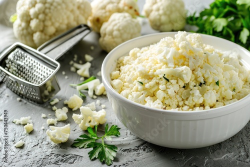 Raw cauliflower rice or couscous with dill in white bowl, healthy low carbohydrates vegetable side dish for keto diet and healthy low calories nutrition on white marble background