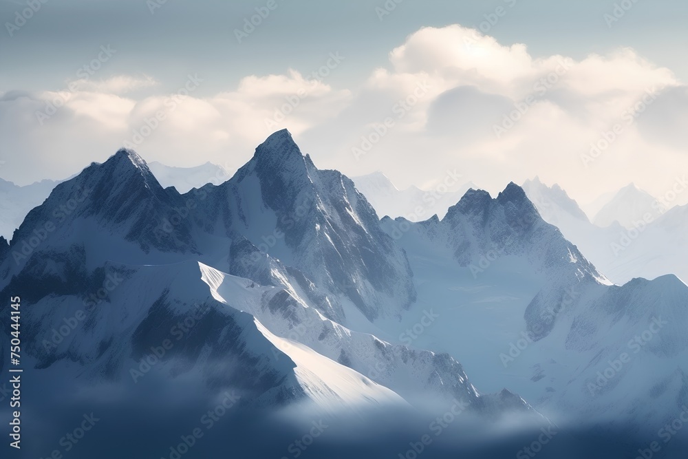 Mountain landscape with snow-capped peaks. 3d render