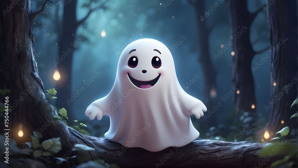 ghost in the night, A cute, friendly ghost with a mischievous smile floating through a moonlit forest. ghost in the night, A cute, friendly ghost with a mischievous smile floating through a moonlit forest.