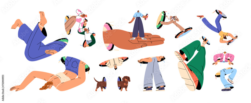 Enthusiastic people come, jump, teleport, peeking through and out of holes. Happy energetic men and women looking for self. Breakthrough discovery concept. Flat isolated vector illustration on white