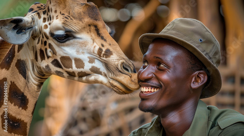 African man wearing a hat is leaning down to kiss a standing giraffe on the head © sommersby