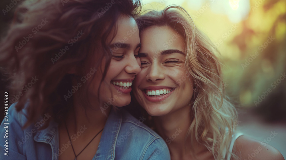 Two joyful women sharing a close moment, with warm sunlight enhancing their genuine smiles.