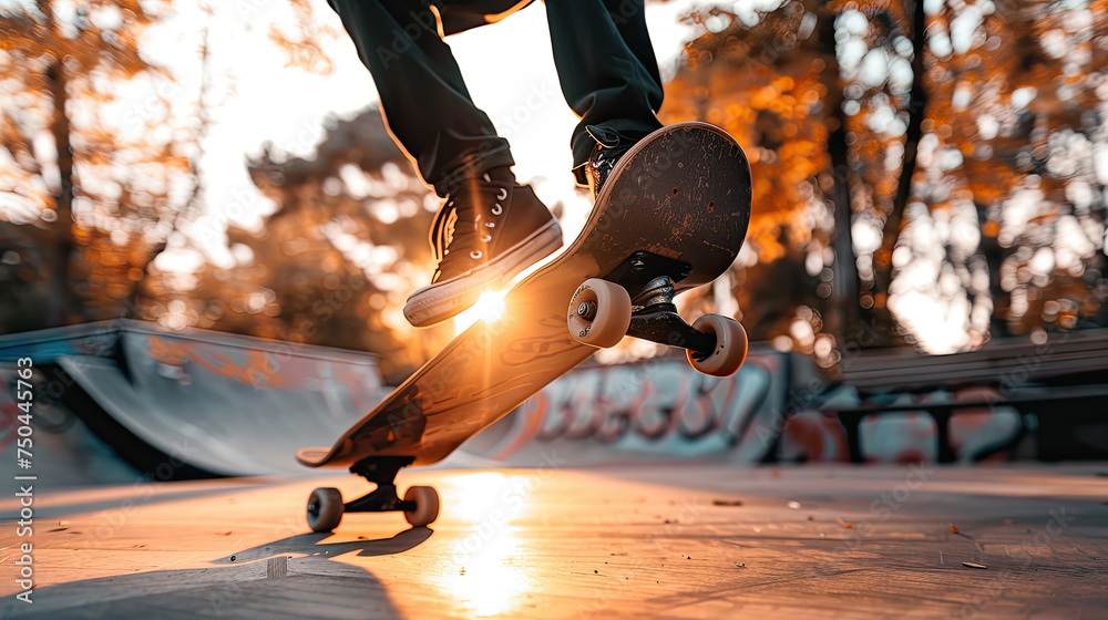 Person actively skateboarding at a skate park, performing tricks and maneuvers on ramps and rails surrounded by other skaters - obrazy, fototapety, plakaty 