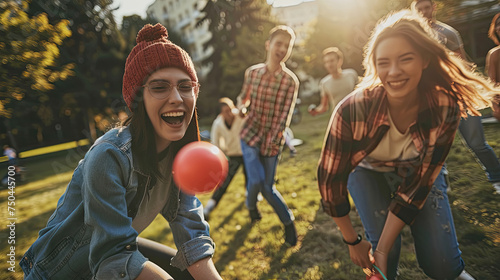 A group of young individuals engaging in a game of frisbee, throwing and catching the disc in a vibrant outdoor setting photo