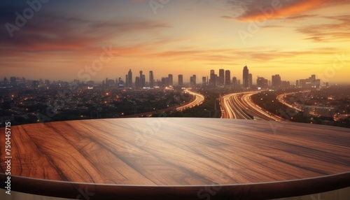 Wooden Table Top and Blurred City Traffic