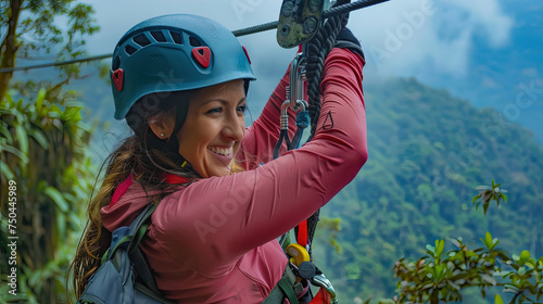 Active woman wearing helmet is zipping through dense jungle, surrounded by lush greenery and towering trees