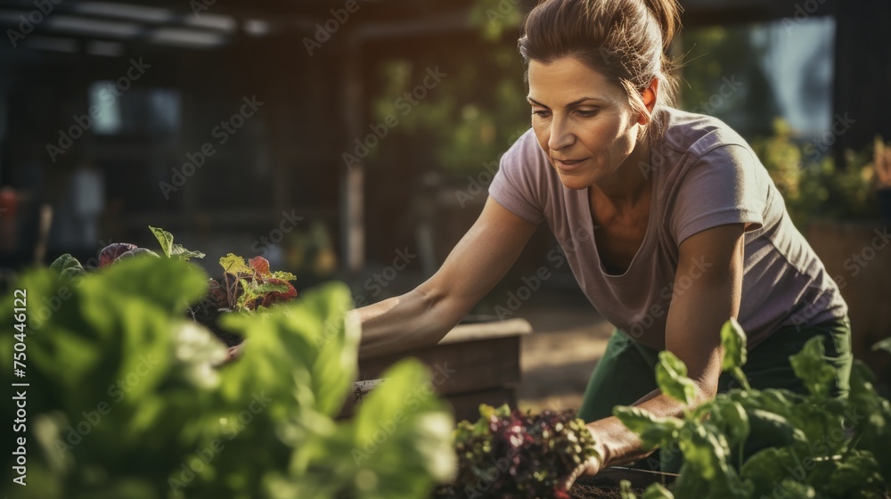Woman gardening green herbs, planting flowers in her backyard garden at ...