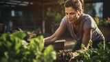 Woman gardening green herbs, planting flowers in her backyard garden at home, natural sunny blurred background. Responsibility of looking after planet, healthy life concept. Generative ai