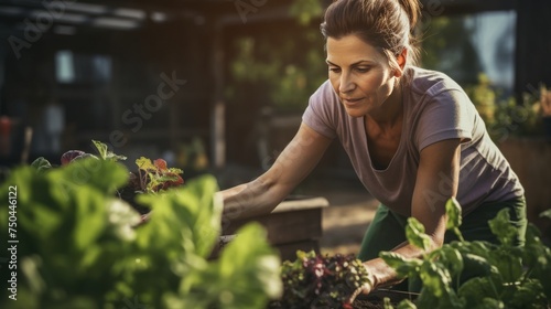 Woman gardening green herbs  planting flowers in her backyard garden at home  natural sunny blurred background. Responsibility of looking after planet  healthy life concept. Generative ai