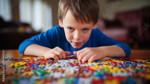 Young Boy Connecting Puzzle Pieces at Home. World Autism Awareness Day or month concept for April 2. Generative ai