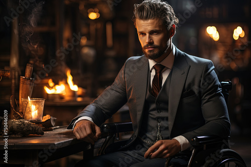 A well-dressed man with a beard is seated by a warm  glowing fireplace  exuding an air of sophistication and tranquility