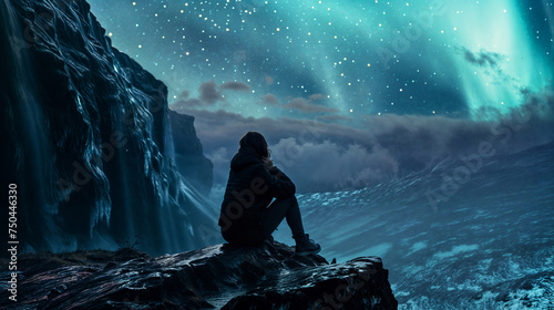Woman sitting on a cliff and watching the northern lights