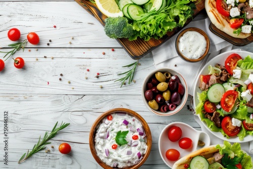 Traditional Greek Food: Greek Salad, Gyros with meat and vegetables, Tzatziki sauce, Olives on White rustic wooden table background from above. 