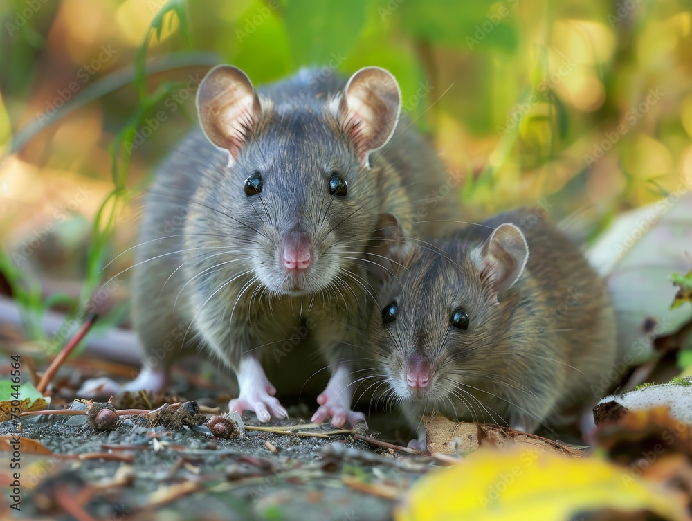 A pair of brown rats on the lookout, nestled in autumn foliage. A pair of brown rats on the lookout, nestled in autumn foliage.
