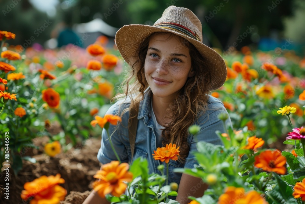 A gardener tending to vibrant flowers in a community garden