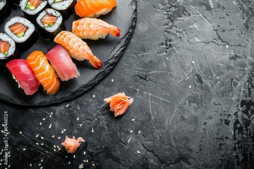 Traditional Japanese sushi top view on dark black rustic slate. Sushi with salmon, tuna and shrimp, space for text, template for Japanese restaurant menu 