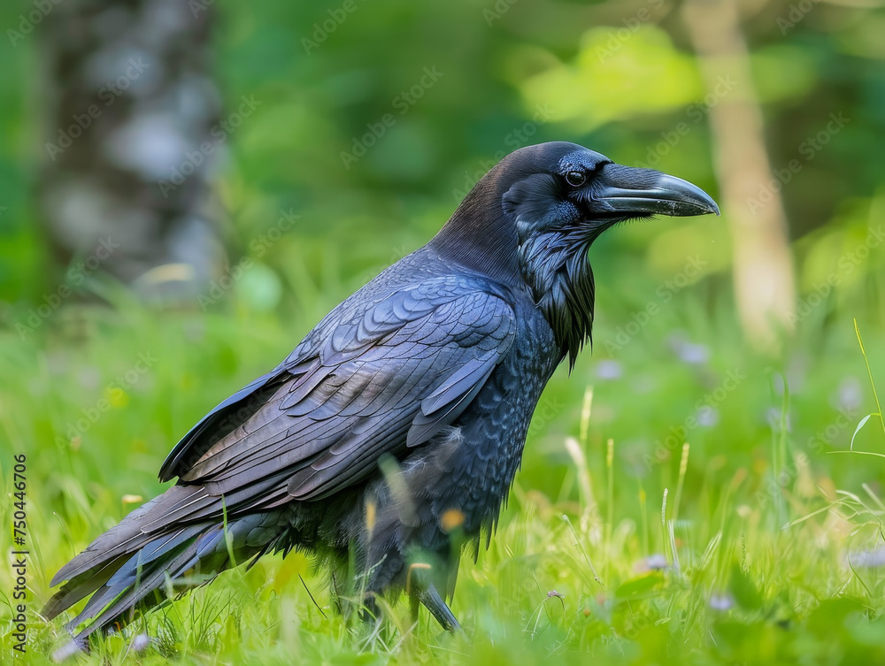 Black raven stands in lush green grass, scanning the surrounding wild nature.
