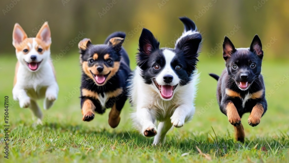 Happy dogs puppies are running towards camera in outdoor activity