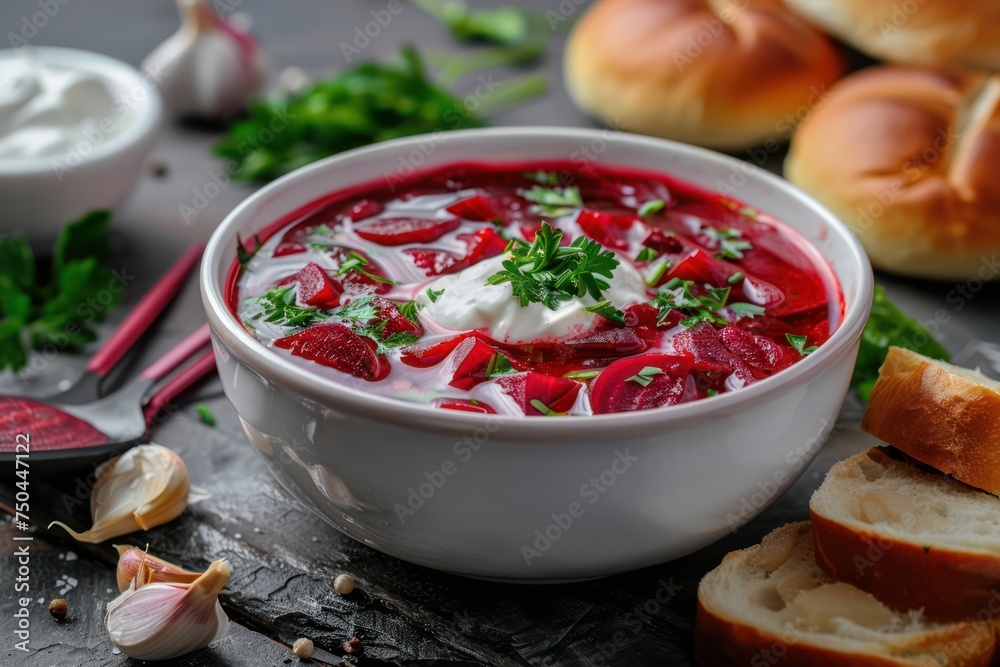 Ukrainian Borscht, red beetroot soup with meat, in white bowl with sour cream, garlic buns Pampushka and salo slices on rustic stone background. Ukrainian Borscht, red beetroot soup with meat, in white bowl with sour cream, garlic buns Pampushka and salo slices on rustic stone background.