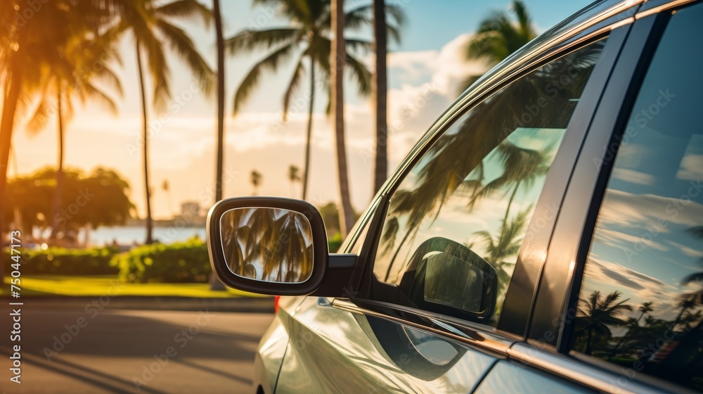 A car side mirror with palm trees in the background