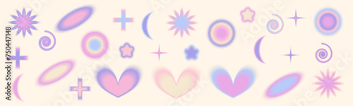 Gradient Y2k shape blur set. Flower, star, planet blurry aesthetic y2k. Vector pastel form illustration. Aura gradient shape