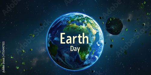 Earth surrounded by a vast expanse of space, scattered with greenery and debris, signifying the need for environmental conservation on Earth Day.