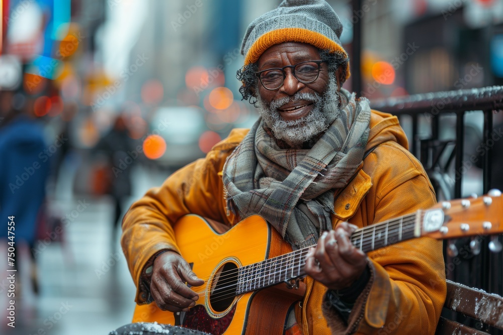 A musician busking on a busy city stree