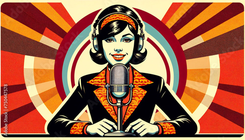 image in the style of a 1960s poster, featuring a female news radio host