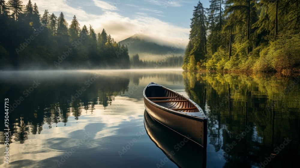 A lone canoe floats on a tranquil. - obrazy, fototapety, plakaty 