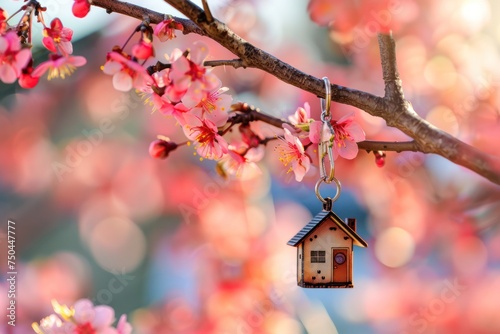 A key ring with a house shape hangs on a blooming branch, embodying home dreams. Keychain suggests new beginnings amidst spring blossoms.  © Straxer