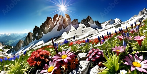 Flowers on the slope of the Alpine snow mountains on a sunny day. Ai generative.