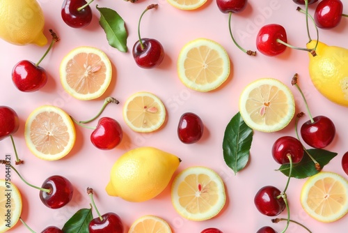 Creative fruit pattern made of red cherries and yellow lemon slices on light pastel pink background. Minimal cherry fruit and citrus layout. 