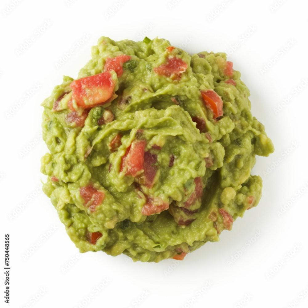 Top-down view of guacamole with rich green color and red tomato accents, isolated on a white background. Fresh Mexican dip concept for culinary design and menu Top-down view of guacamole with rich green color and red tomato accents, isolated on a white background. Fresh Mexican dip concept for culinary design and menu