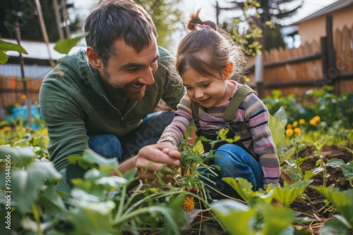Father and daughter gardening together, home vegetable garden  photo