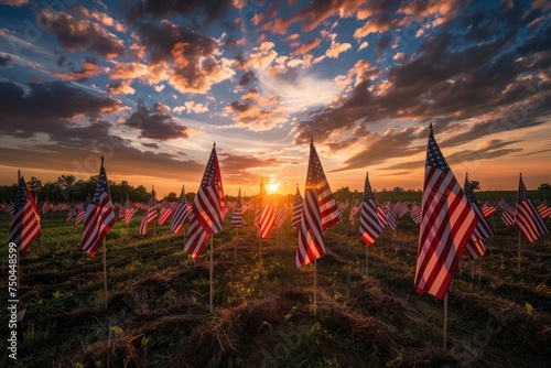 Field of American flags at Sunset 