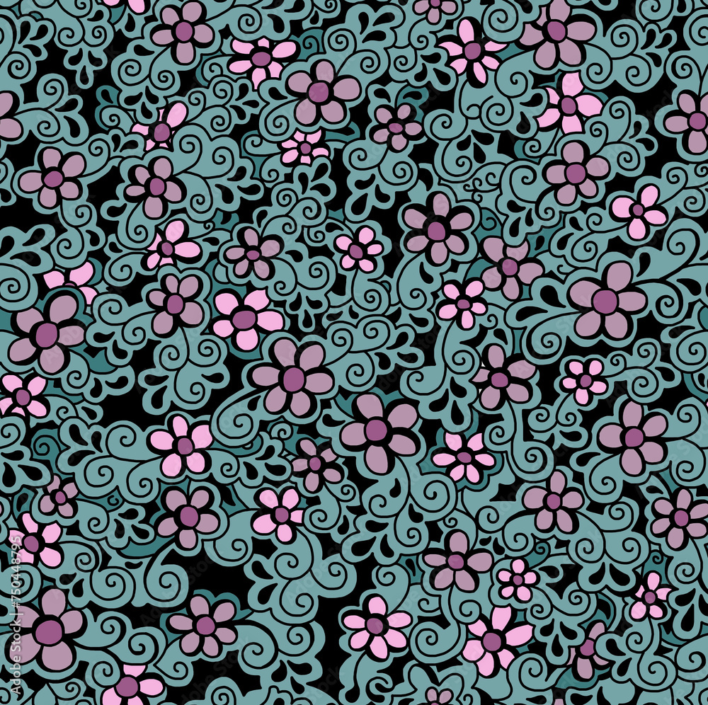Abstract drawing of daisies hand-drawn in green and pink tones.Seamless pattern.