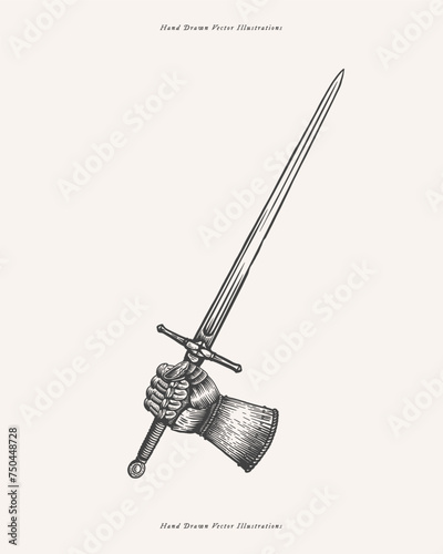 Knight's hand holds sword in an engraving style. Ancient weapons of medieval warrior on light background. Vintage vector illustration for history book design or tattoo template.
