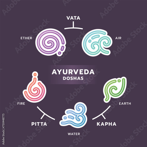 The Five elements of Ayurveda doshas - Ether water air fire and earth with gradient line curve sign in white border icon chart on dark purple background vector design photo