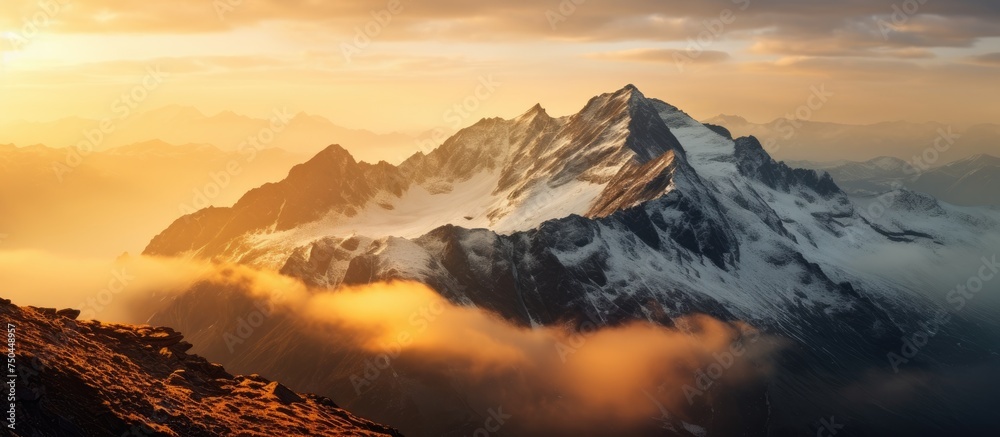 Majestic Snow-Capped Mountain Veiled in Gentle Clouds at Sunrise