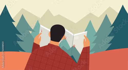 Outdoor Adventure and Forest Exploration Concept, Man Hiking in the Forest, Holding and Reading Map in Hand, Vector Flat Illustration Design